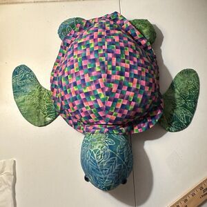 Large Handmade Vintage Turtle Plush Stuffed Animal Blue Green Colorful Rare